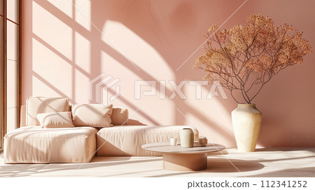 現代室內產品展示背景的圖像。輕鬆的氛圍。化妝品攝影背景。 現代室內產品展示背景的圖像。輕鬆的氛圍。化妝品攝影背景。 112341252