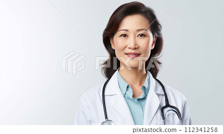 Smiling Asian doctor with stethoscope. 50 year old woman in white coat. Wasit up portrait of medical staff with copy space. Light gray background, AI generated 112341258