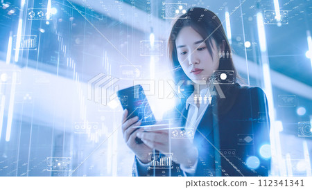 Professional woman with glowing data interface in smart office. 112341341