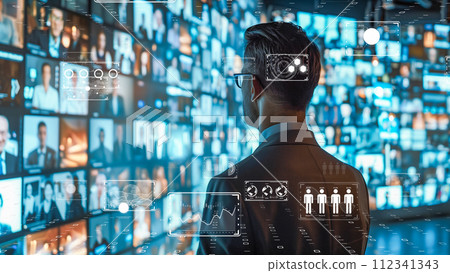 Professional woman with glowing data interface in smart office. Professional woman with glowing data interface in smart office. 112341343
