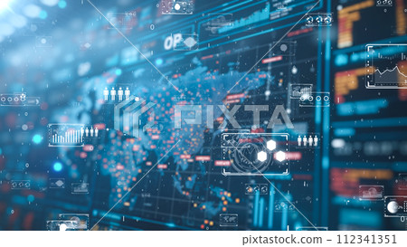 Professional woman with glowing data interface in smart office. Professional woman with glowing data interface in smart office. 112341351