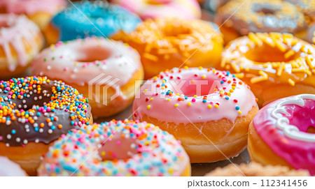 Many delicious donuts. Assorted glazed donuts with colorful sprinkles. Many delicious donuts. Assorted glazed donuts with colorful sprinkles. 112341456