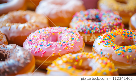Many delicious donuts. Assorted glazed donuts with colorful sprinkles. 112341463