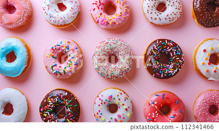 許多美味的甜甜圈。各種釉面甜甜圈，撒上彩色糖粉。 112341466