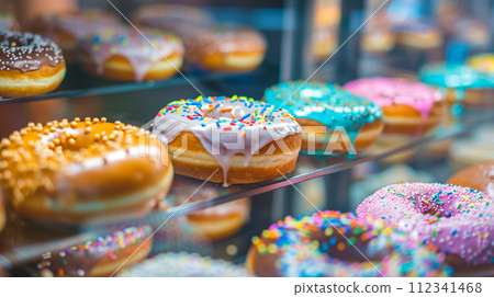許多美味的甜甜圈。各種釉面甜甜圈，撒上彩色糖粉。 112341468
