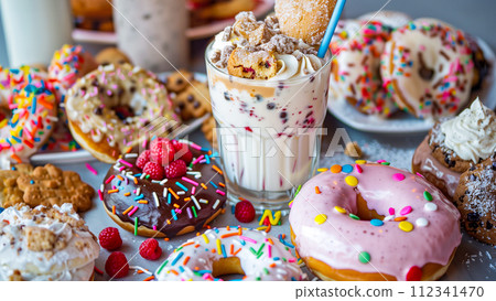 Many delicious donuts. Assorted glazed donuts with colorful sprinkles. 112341470