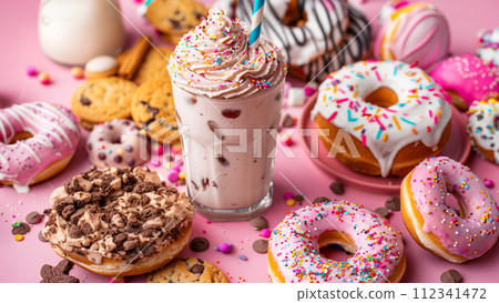 Many delicious donuts. Assorted glazed donuts with colorful sprinkles. 112341472