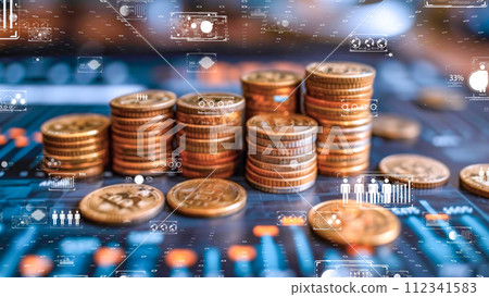 顯示成堆硬幣和互動式經濟分析的虛擬金融概念。 顯示成堆硬幣和互動式經濟分析的虛擬金融概念。 112341583