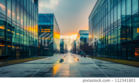 Futuristic cityscape with transparent architectural structures and reflective surfaces. Futuristic city concept. 112341801