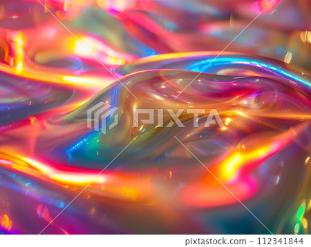 An abstract, vibrant swirl of holographic colors creating a mesmerizing texture full of light and reflections 112341844
