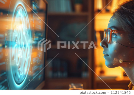 Woman Engaging with Advanced Interface Technology Woman Engaging with Advanced Interface Technology 112341845