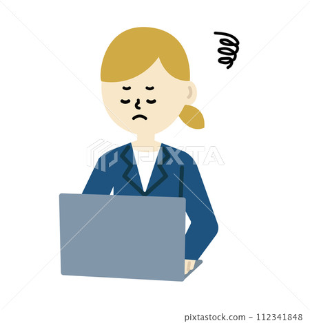 商務筆記型電腦辦公桌工作女人可愛陷入困境的卡通 112341848