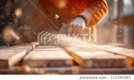 熟練工人使用電動工具精確切割木材。 112341865