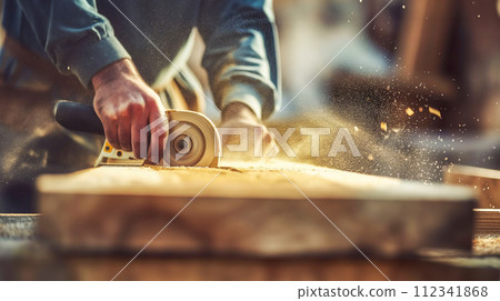 熟練工人使用電動工具精確切割木材。 112341868