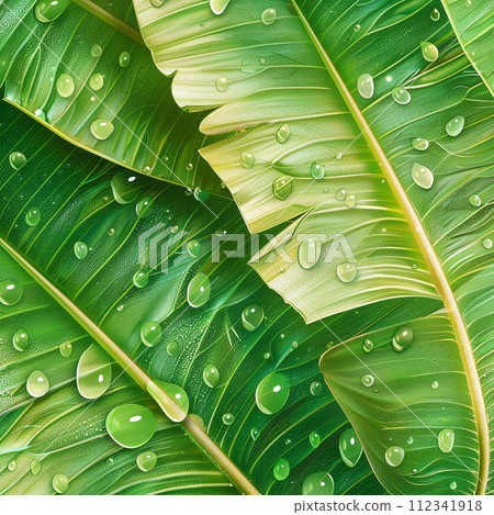 Close-up view of vibrant green leaves with fresh water droplets, showcasing nature's intricate details and textures. 112341918