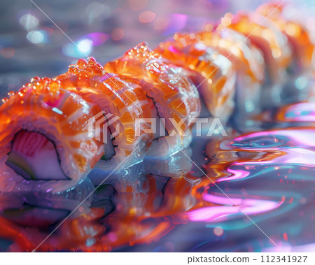 Digital art concept of sushi with glowing edges and dynamic light particles, representing modern cuisine technology 112341927