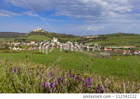 Falkenstein ruins and town with vineyard, Lower Austria, Austria 112342112