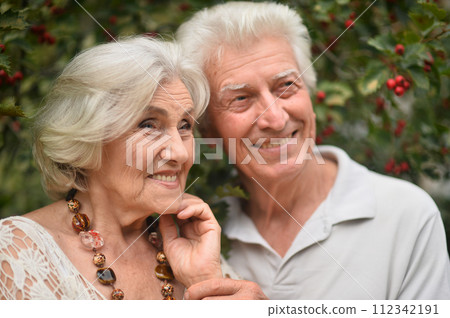 Portrait of happy elderly couple posing in park Portrait of happy elderly couple posing in park 112342191