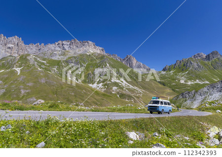 Vanlife, Route des Grandes Alpes near Col du Galibier, Hautes-Alpes, France Vanlife, Route des Grandes Alpes near Col du Galibier, Hautes-Alpes, France 112342393