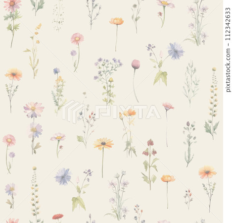 Floral watercolor seamless pattern banner with watercolor wild herbs and flowers. Floral watercolor seamless pattern banner with watercolor wild herbs and flowers. 112342633
