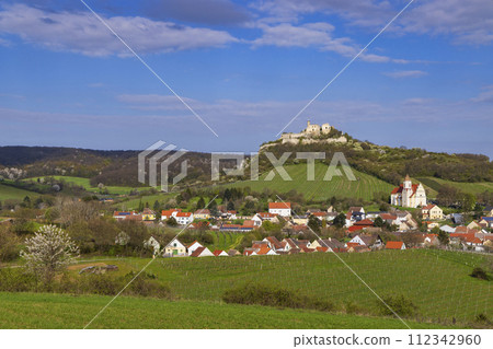 Falkenstein ruins and town with vineyard, Lower Austria, Austria Falkenstein ruins and town with vineyard, Lower Austria, Austria 112342960
