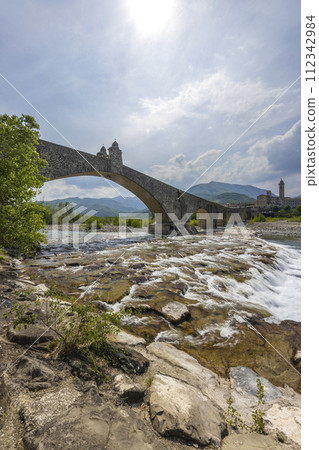 Gobbo Bridge also Devil Bridge or Ponte del Diavolo or Ponte Gobbo in Bobbio, Piacenza province, Trebbia Valley, Emilia Romagna, Italy Gobbo Bridge also Devil Bridge or Ponte del Diavolo or Ponte Gobbo in Bobbio, Piacenza province, Trebbia Valley, Emilia Romagna, Italy 112342984