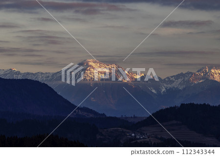 Winter landscape with Triglav peak, Triglavski national park, Slovenia 112343344