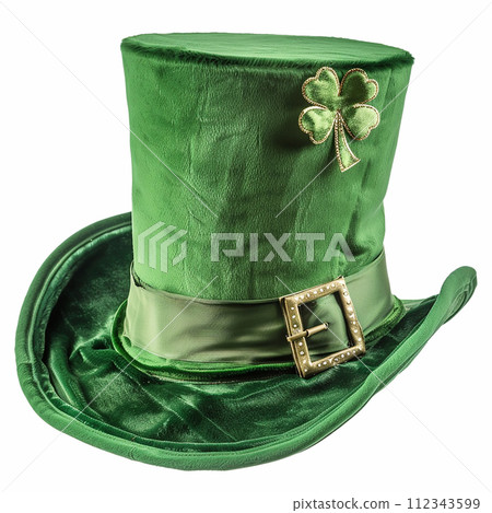 Illustration of a green leprechaun top hat with a green clover quatrefoil. Concept for St. Patrick's Day. Classic retro vintage top hat isolated on white background 112343599