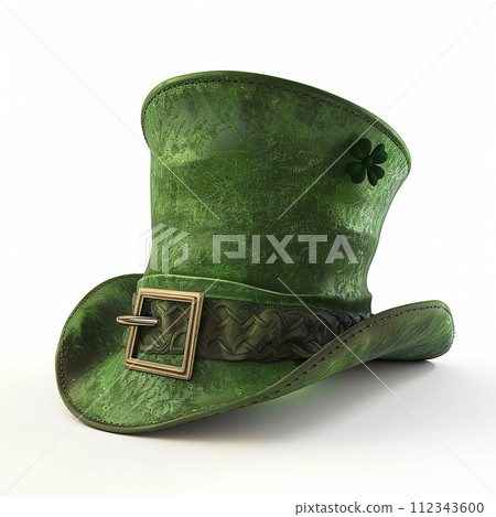Illustration of a green leprechaun top hat with a green clover quatrefoil. Concept for St. Patrick's Day. Classic retro vintage top hat isolated on white background 112343600