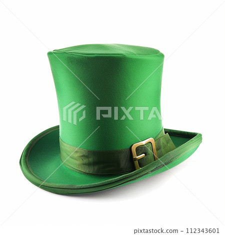 Illustration of a green leprechaun top hat with a green clover quatrefoil. Concept for St. Patrick's Day. Classic retro vintage top hat isolated on white background 112343601
