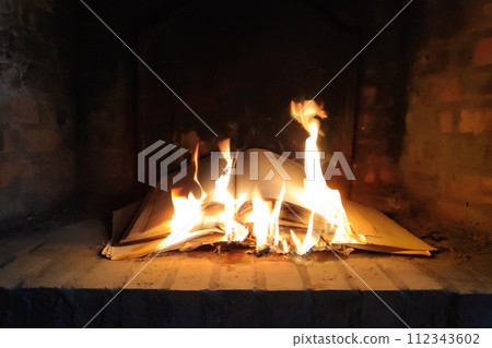 Book burning in a fireplace 112343602