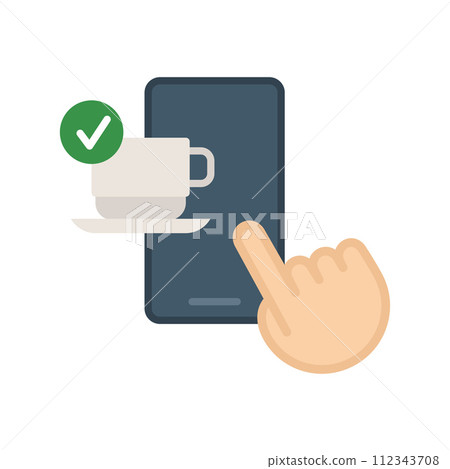 Online coffee ordering icon. Coffee cup on mobile phone. Concept of drink order notification on cellphone, internet cafe. 112343708