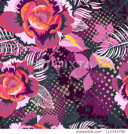 Beautiful floral seamless background on dark. hand drawing. Not AI, Vector illustration 112343790