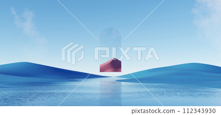 3d Render, Abstract Surreal pastel landscape background with architecture and geometric, beautiful gradient sky scene, lake with clam water, minimal concept. 3d Render, Abstract Surreal pastel landscape background with architecture and geometric, beautiful gradient sky scene, lake with clam water, minimal concept. 112343930