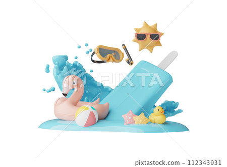 Summer elements 3d icon clipart island isolated on white background, Minimal Realistic objects for mock-up with summer theme, beach umbrella, sand, inflatable ring, vacation time to travel. Summer elements 3d icon clipart island isolated on white background, Minimal Realistic objects for mock-up with summer theme, beach umbrella, sand, inflatable ring, vacation time to travel. 112343931