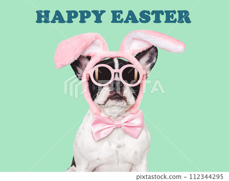 Happy Easter. Cute puppy and a basket of Easter eggs Happy Easter. Cute puppy and a basket of Easter eggs 112344295