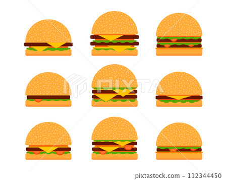 Burger icon set isolated on white background. Collection of cheeseburger and hamburger icons. Cheeseburger with two cutlets. Bun with sesame seeds, cutlet, cheese and sauces. Vector illustration 112344450