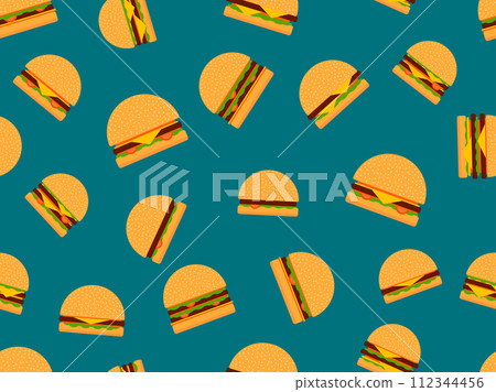 Hamburgers seamless pattern. Cheeseburgers and hamburgers in flat style. Cheeseburger with two cutlets. Bun with sesame seeds, cutlet, cheese and sauces. Design for wallpaper. Vector illustration Hamburgers seamless pattern. Cheeseburgers and hamburgers in flat style. Cheeseburger with two cutlets. Bun with sesame seeds, cutlet, cheese and sauces. Design for wallpaper. Vector illustration 112344456