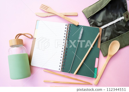 Zero waste concept, reusable eco-friendly straw and bottle for water 112344551