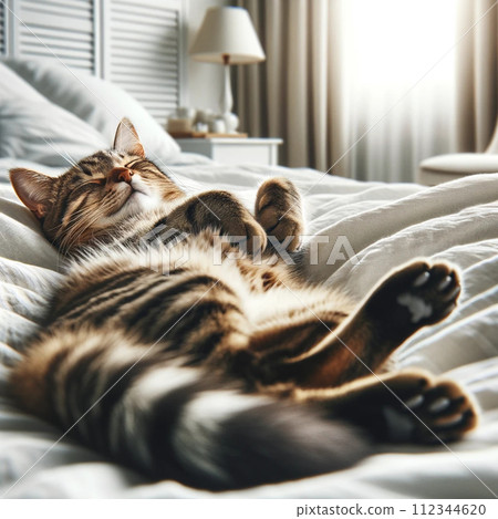 A cat sleeping comfortably on the bed 112344620