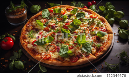 Delicious Italian pizza. Traditional homemade pizza. Mediterranean style 112344676
