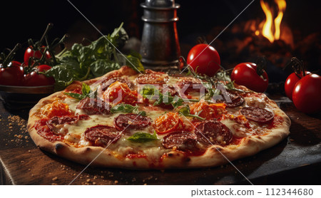 Delicious Italian pizza. Traditional homemade pizza. Mediterranean style 112344680