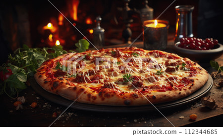 Delicious Italian pizza. Traditional homemade pizza. Mediterranean style 112344685