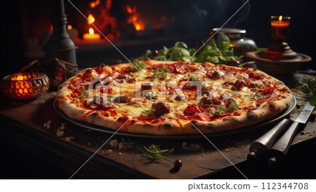 Delicious Italian pizza. Traditional homemade pizza. Mediterranean style 112344708