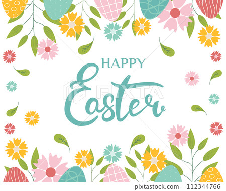 Hand sketched background with lettering Happy Easter, vector illustration for Easter. Borders with leaves, eggs and flowers for greeting card, invitation template, vintage lettering banner, background 112344766