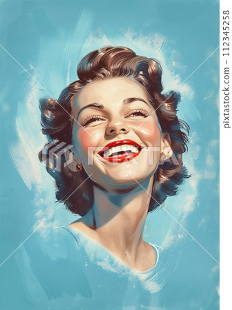 Retro 1950's pin up style postcard of smiling woman portrait with dark hair on blue background Retro 1950's pin up style postcard of smiling woman portrait with dark hair on blue background 112345258