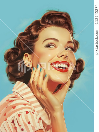Retro 1950's pin up style postcard of smiling woman portrait with dark hair and striped shirt on blue background 112345274