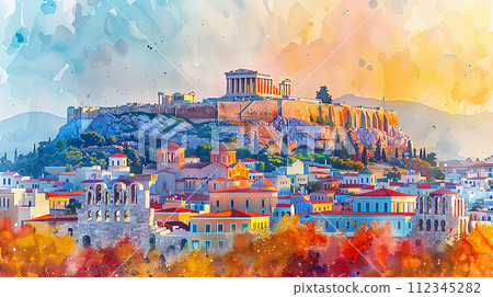 Watercolor touristic card of  Athens, AI generated 112345282
