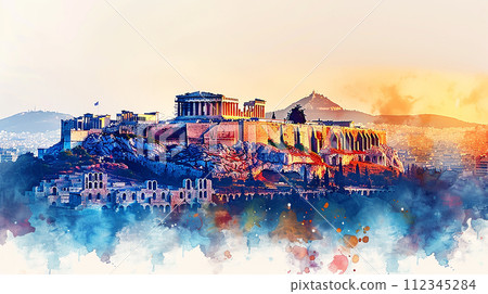 Watercolor touristic card of  Athens, AI generated 112345284