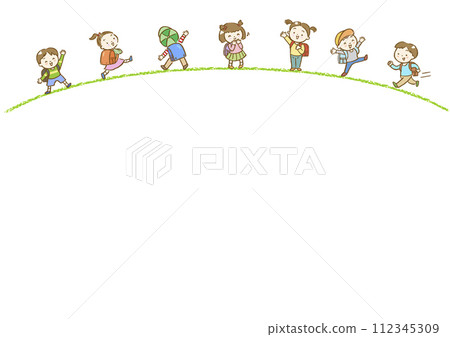 Hand-drawn illustration frame of energetic children carrying school bags Hand-drawn illustration frame of energetic children carrying school bags 112345309